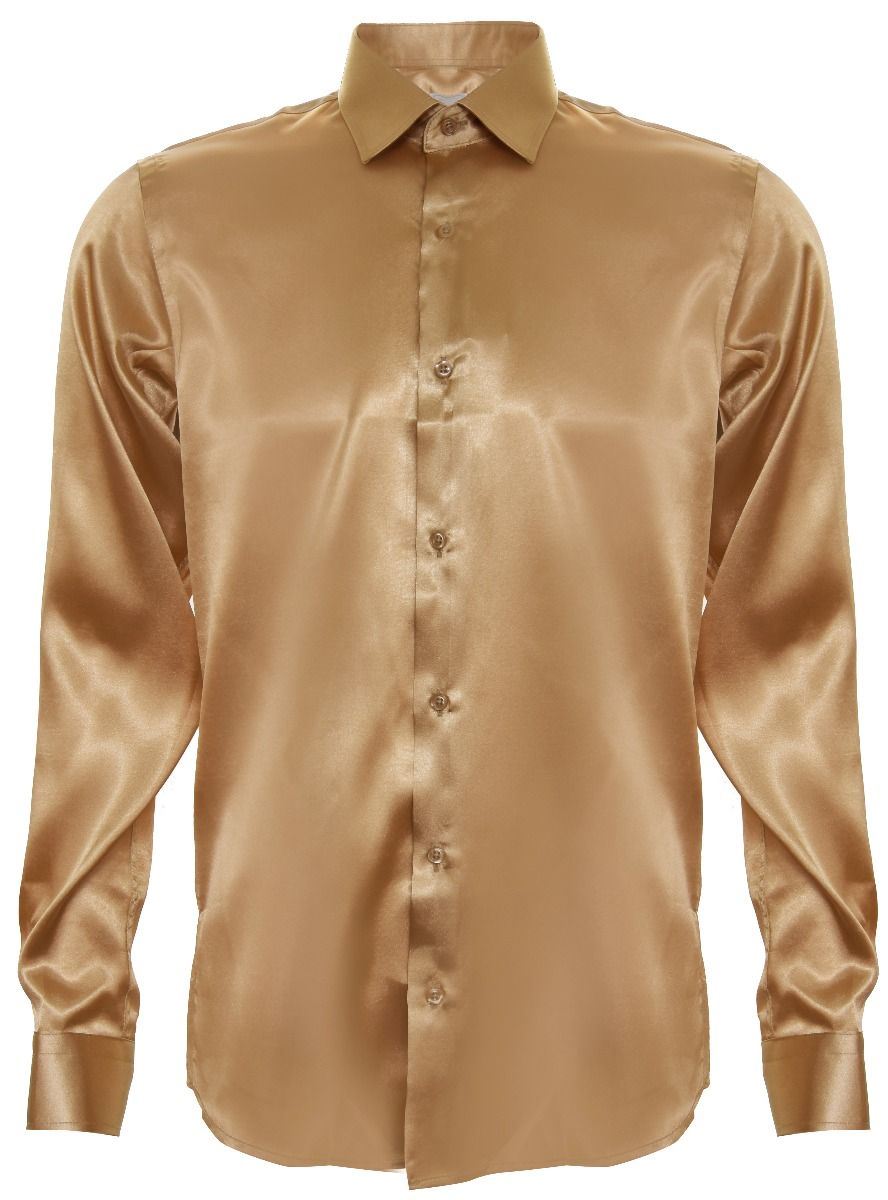 Mens Gold Satin Silk Shirt Smart Casual Button Down Cuff Tailored Fit
