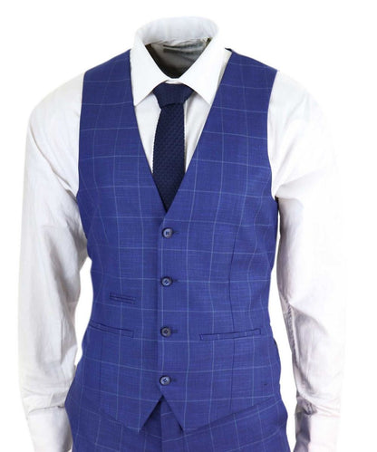 Mens 3 Piece Royal Blue Check Vintage Retro Suit - Upperclass Fashions 