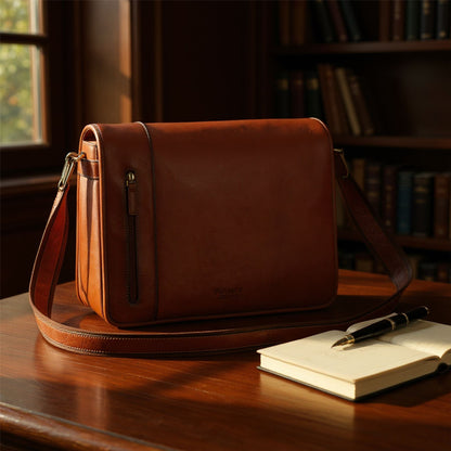 Genuine Leather Tan Laptop Satchel Messenger Shoulder Bag - Astor