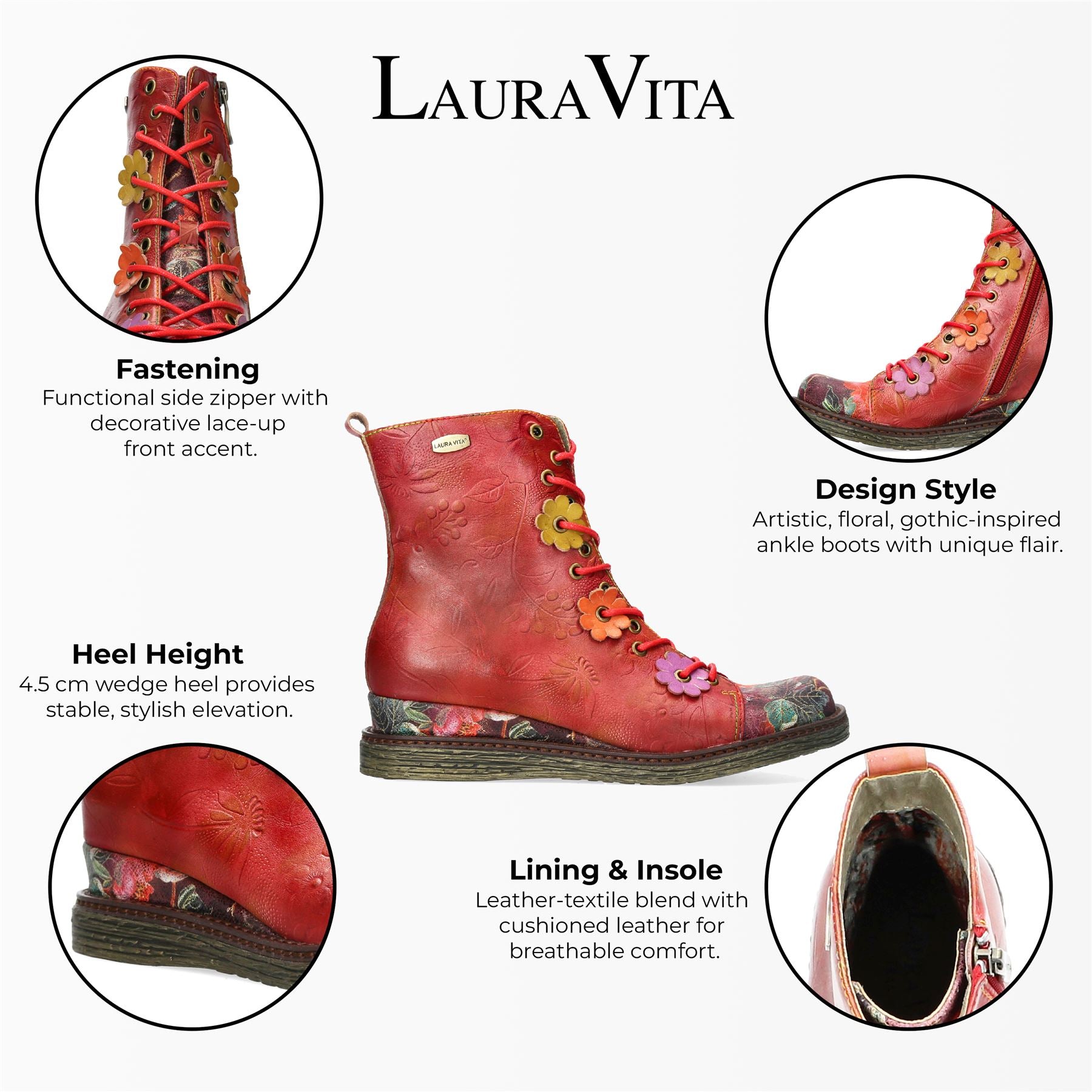 Laura Vita Ercnaulto 212 Red Floral Womens Gothic Victorian Leather Ankle Heeled Boots