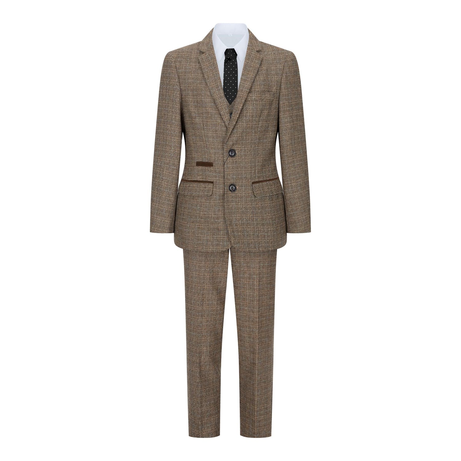 Boys 3 Piece Brown Tweed Check Vintage Retro Suit