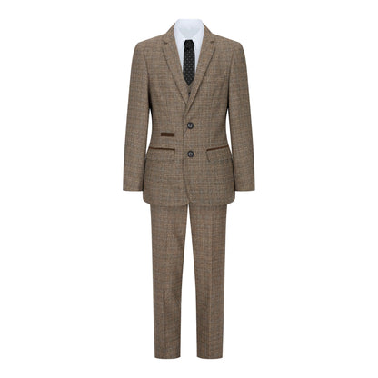 Boys 3 Piece Brown Tweed Check Vintage Retro Suit
