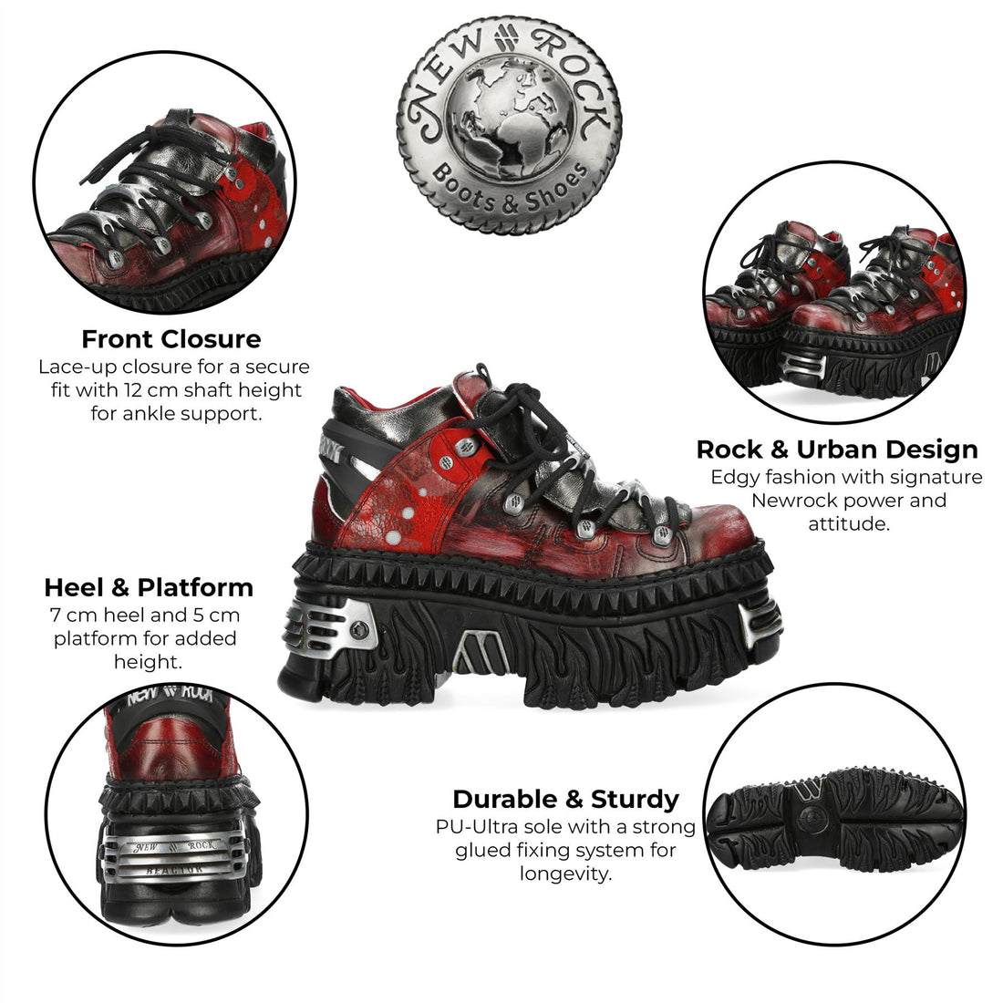 New Rock M-WALL106N-C17 Red Silver Leather Gothic Urban Rock Ankle Boots