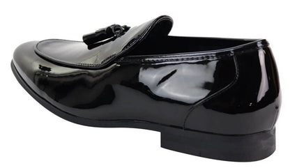 Mens Tasselled Black Patent Leather Slip on Loafers - Upperclass Fashions 