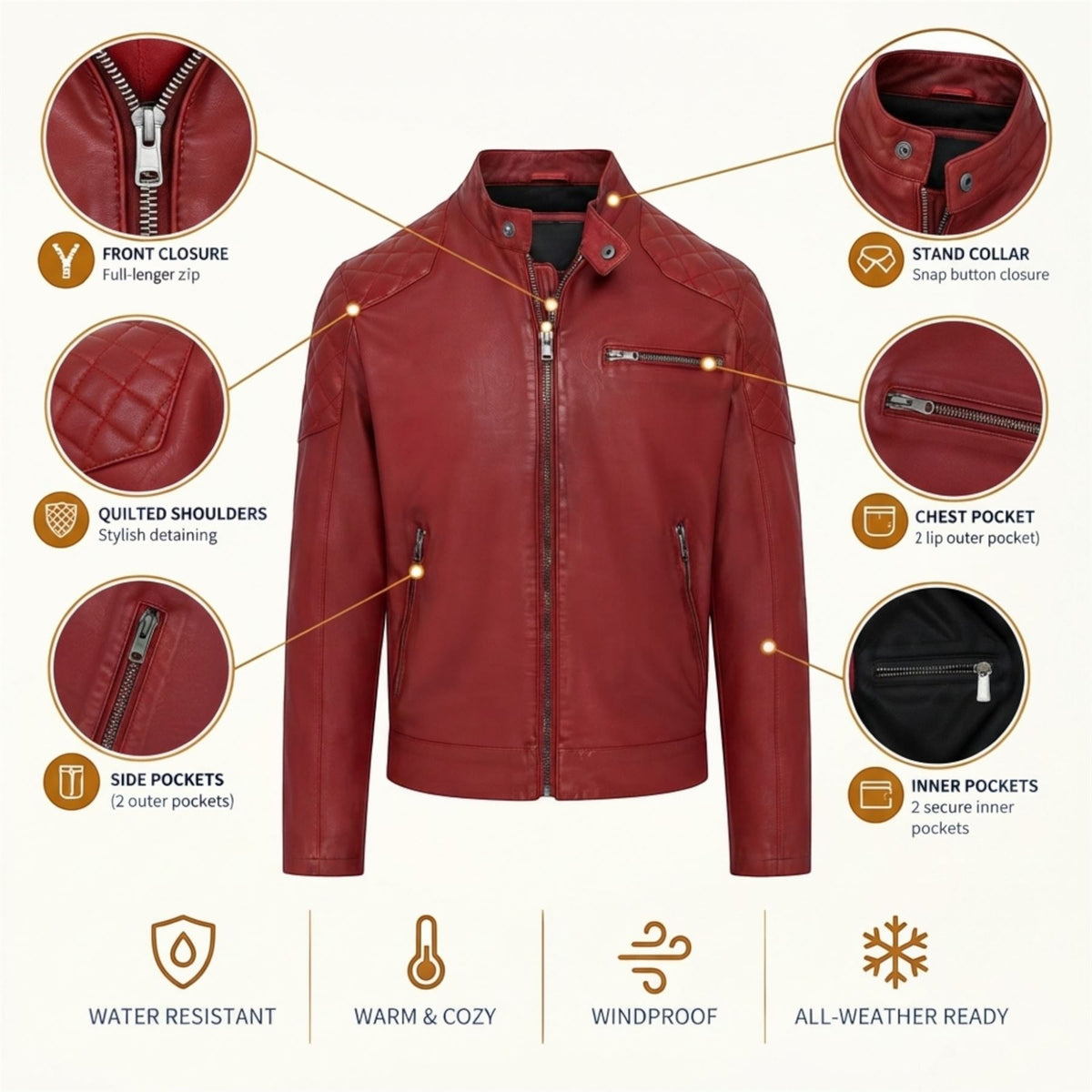 Mens Leather Quilted Shoulder Biker Jacket - Rock