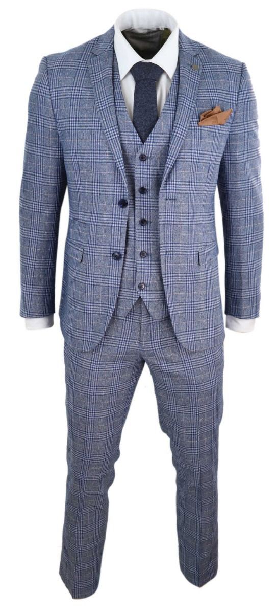 Mens 3 Piece Blue Grey Tweed Check Vintage Retro Suit - Upperclass Fashions 