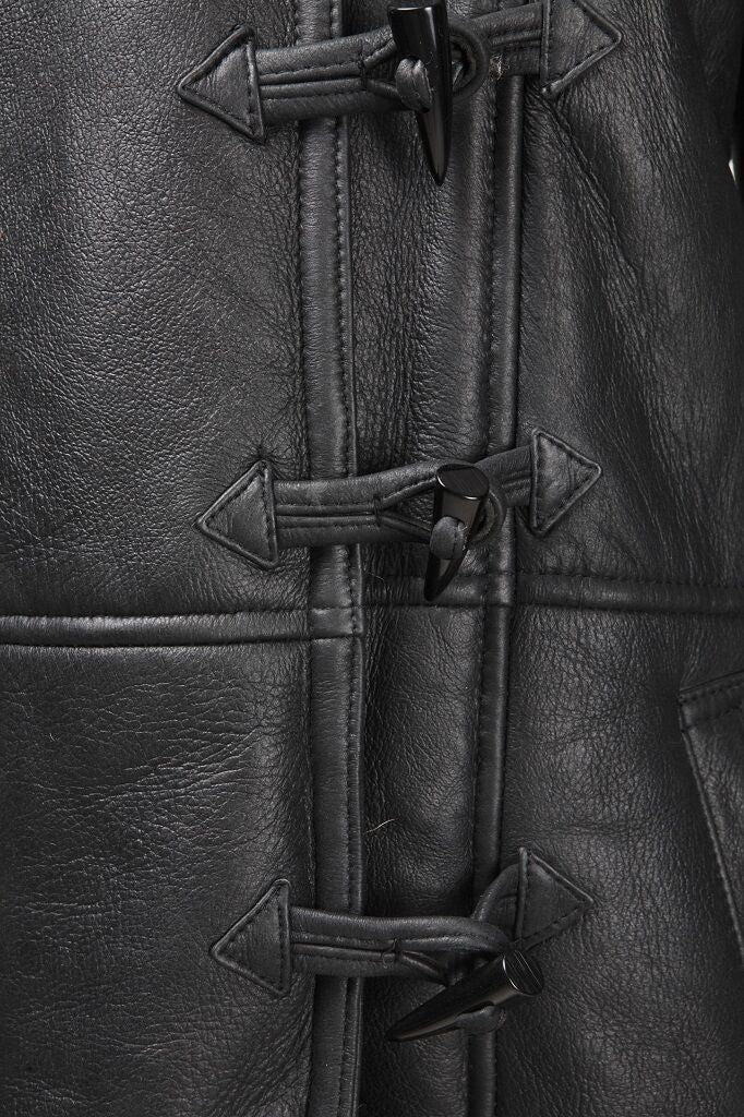 Womens Black Shearling Hooded Duffle Coat-Royston