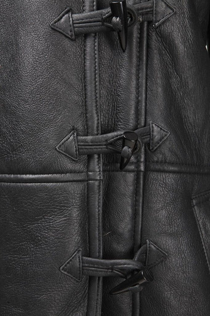 Womens Black Shearling Hooded Duffle Coat-Royston