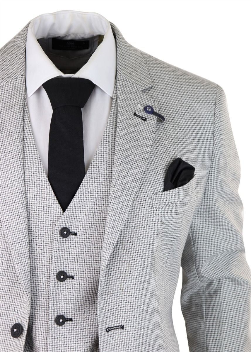 Mens 3 Piece Light Grey Check Tweed Retro Classic Suit - Upperclass Fashions 