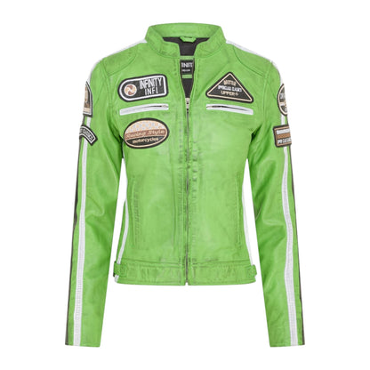 Womens Biker Racing Badges Leather Jacket-Eastleigh