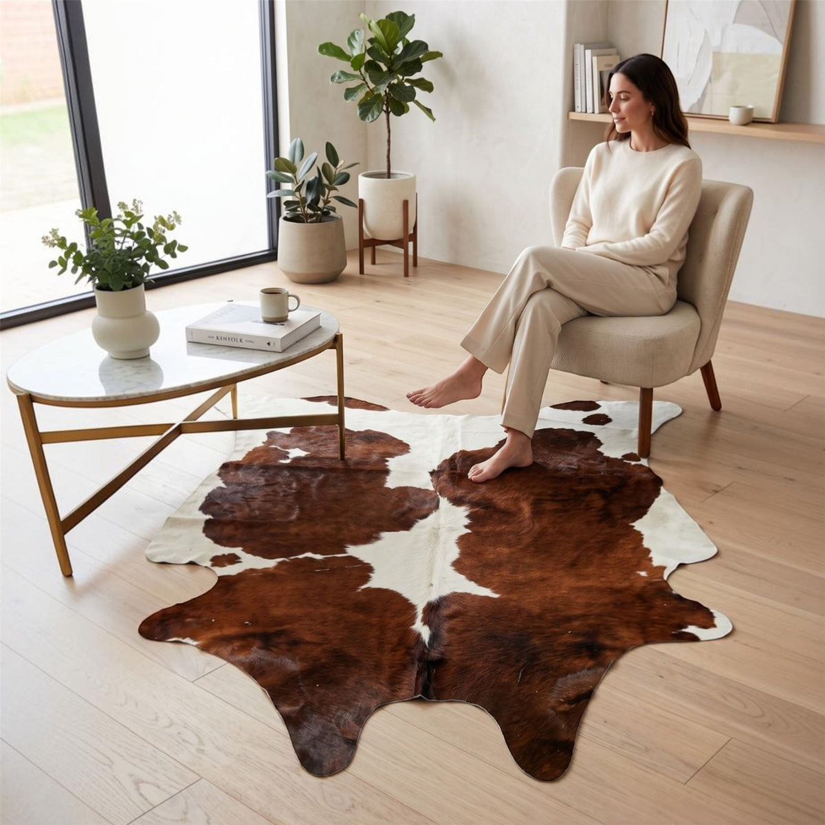Natural Cow Leather Brown White Cowhide Hairon Rug