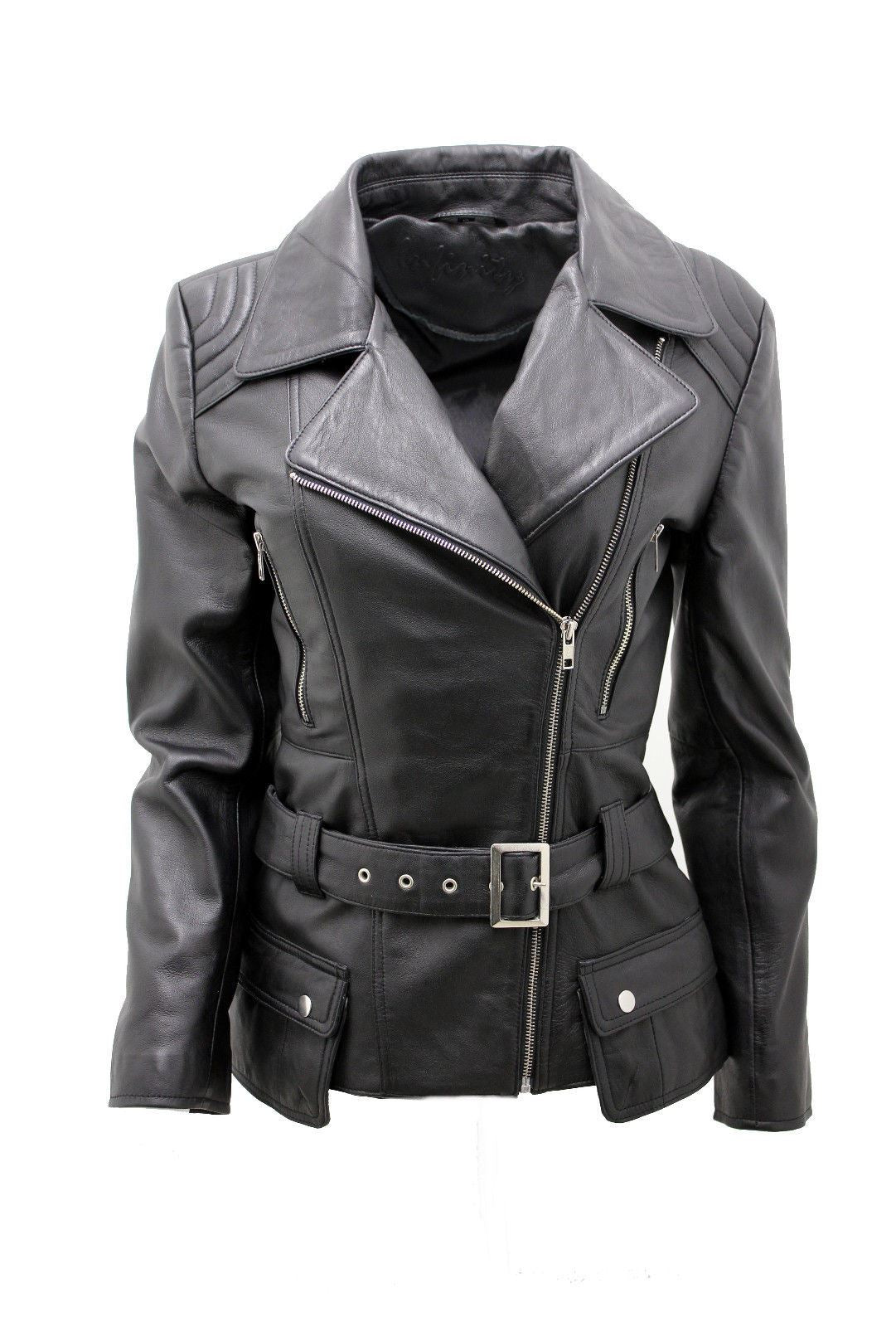 Womens Mid-length Leather Biker Jacket-Middlewich
