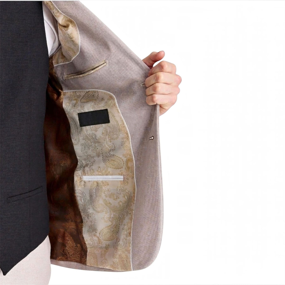 Mens Stone Suit with Harris Brown Tweed Waistcoat Wedding Suit - Mayfair