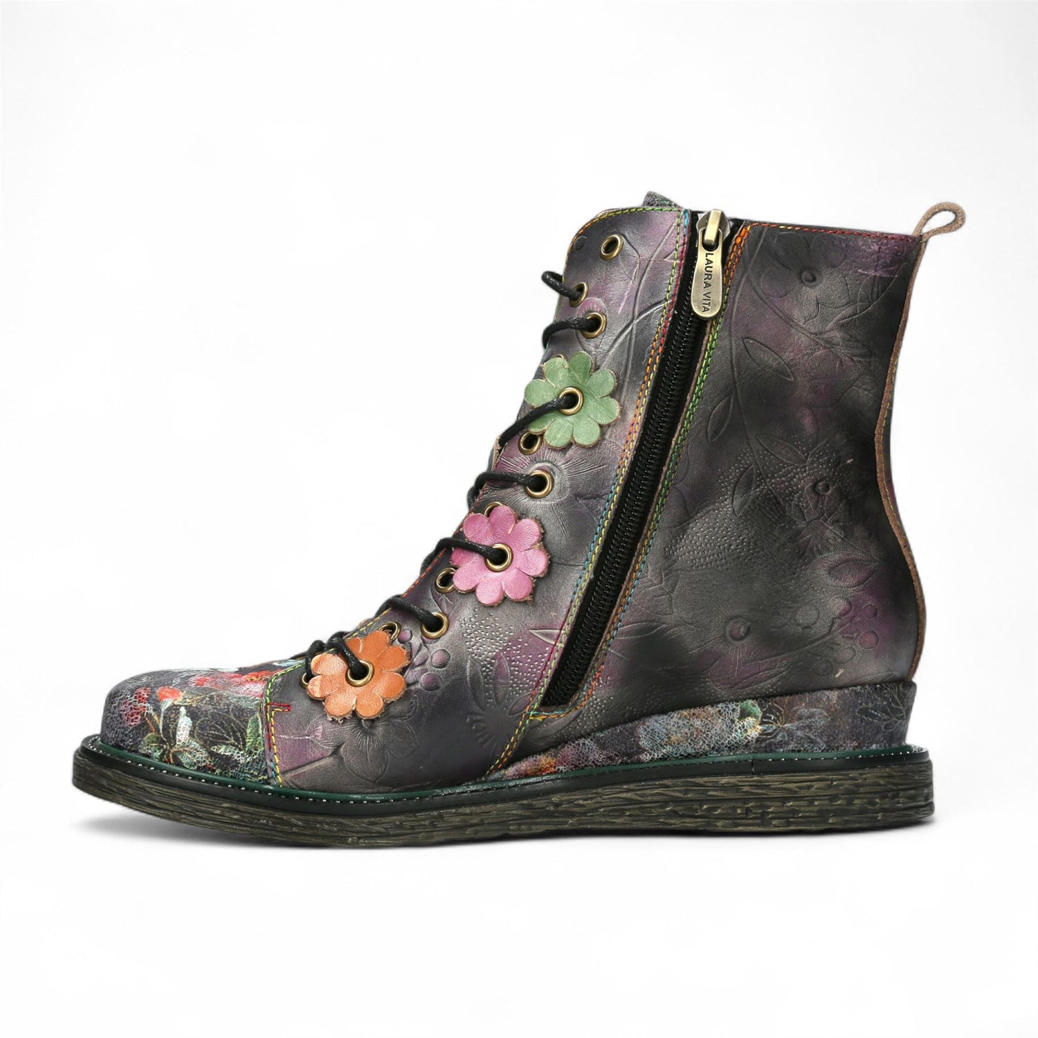 Laura Vita Ercnaulto 212 Grey Floral Womens Gothic Victorian Leather Ankle Heeled Boots