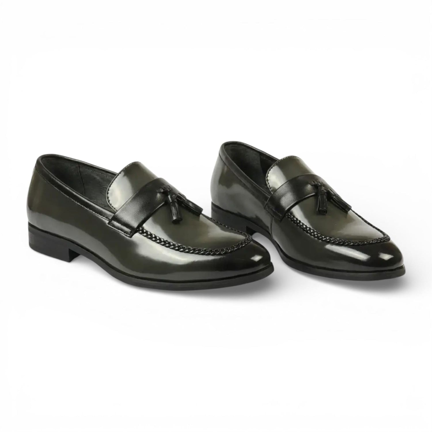 Mens Olive Tassel High-Gloss Patent Faux Leather Formal Loafers Shoes