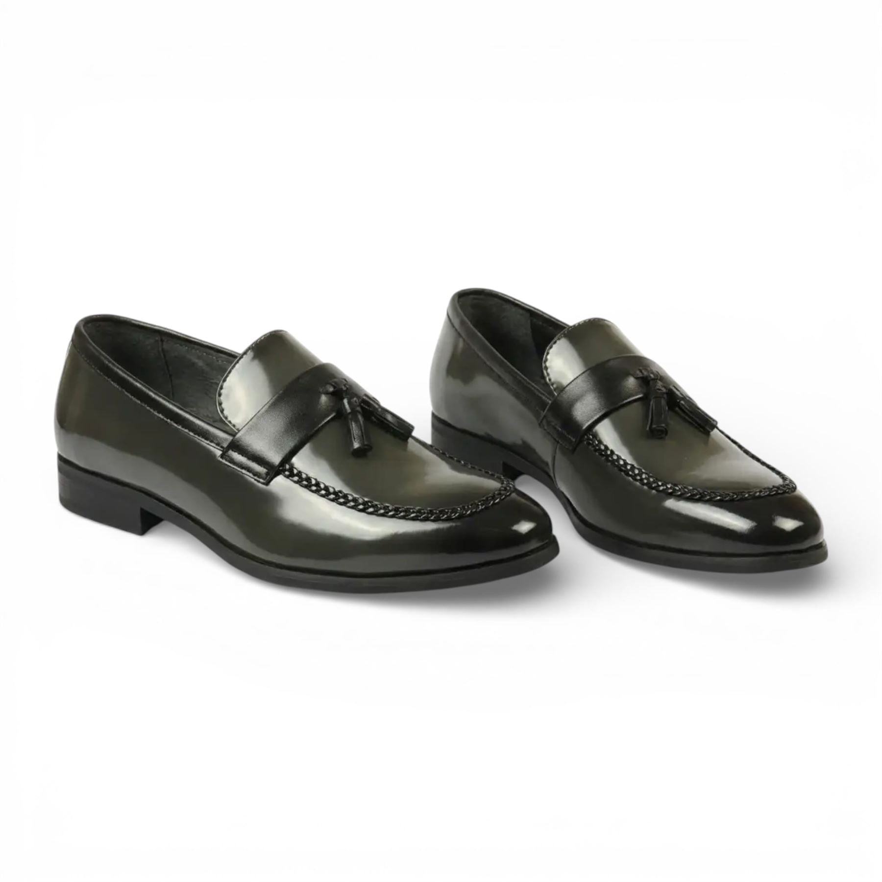 Mens Olive Tassel High-Gloss Patent Faux Leather Formal Loafers Shoes