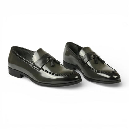 Mens Olive Tassel High-Gloss Patent Faux Leather Formal Loafers Shoes