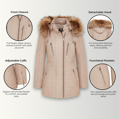 Womens Slim Fit  Leather Hooded Parka Jacket-Northam