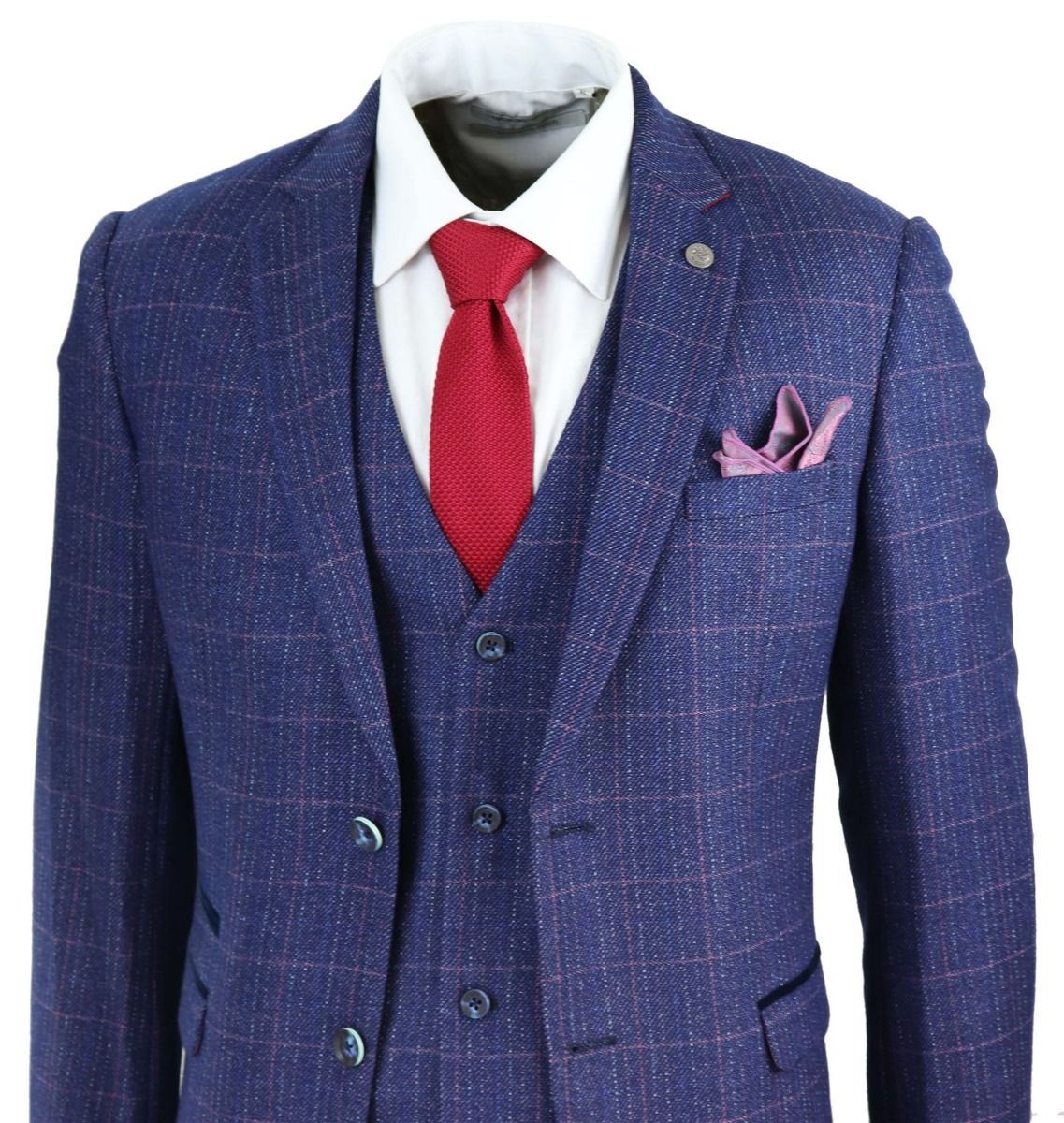 Mens 3 Piece Blue Herringbone Check Vintage Classic Suit