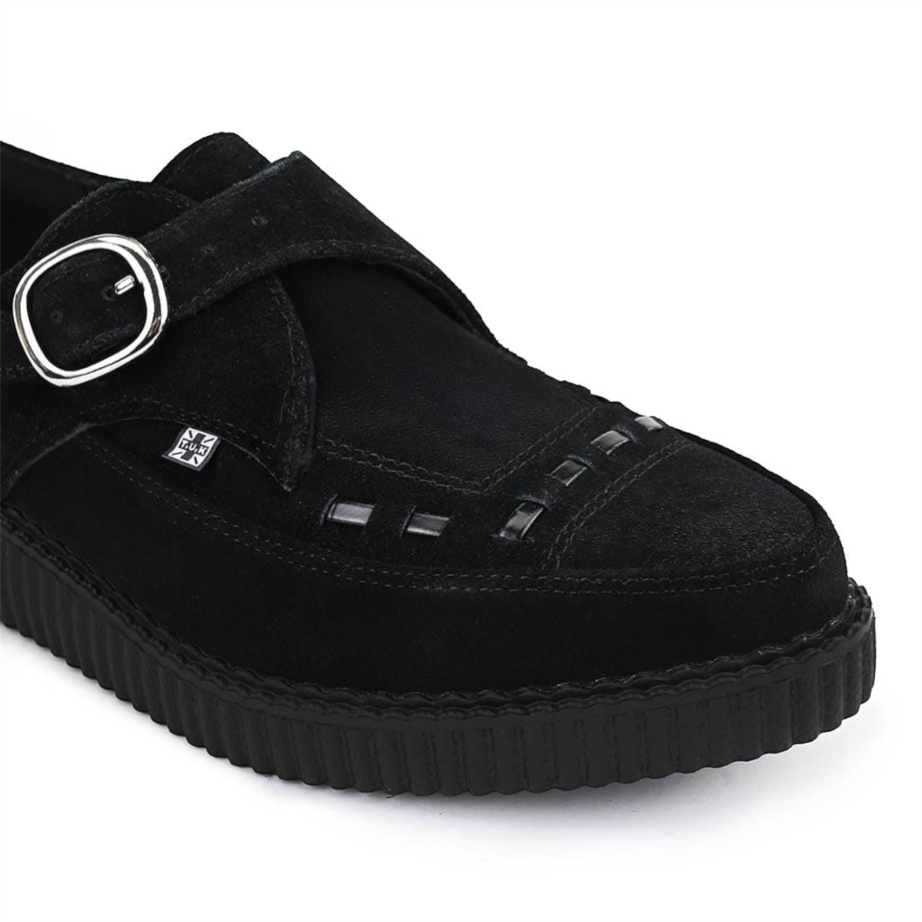 TUK Pointed Creeper Black Suede Monk Buckle Platform Shoes - A8139
