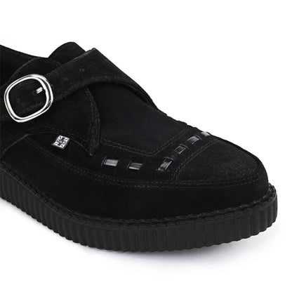 TUK Pointed Creeper Black Suede Monk Buckle Platform Shoes - A8139