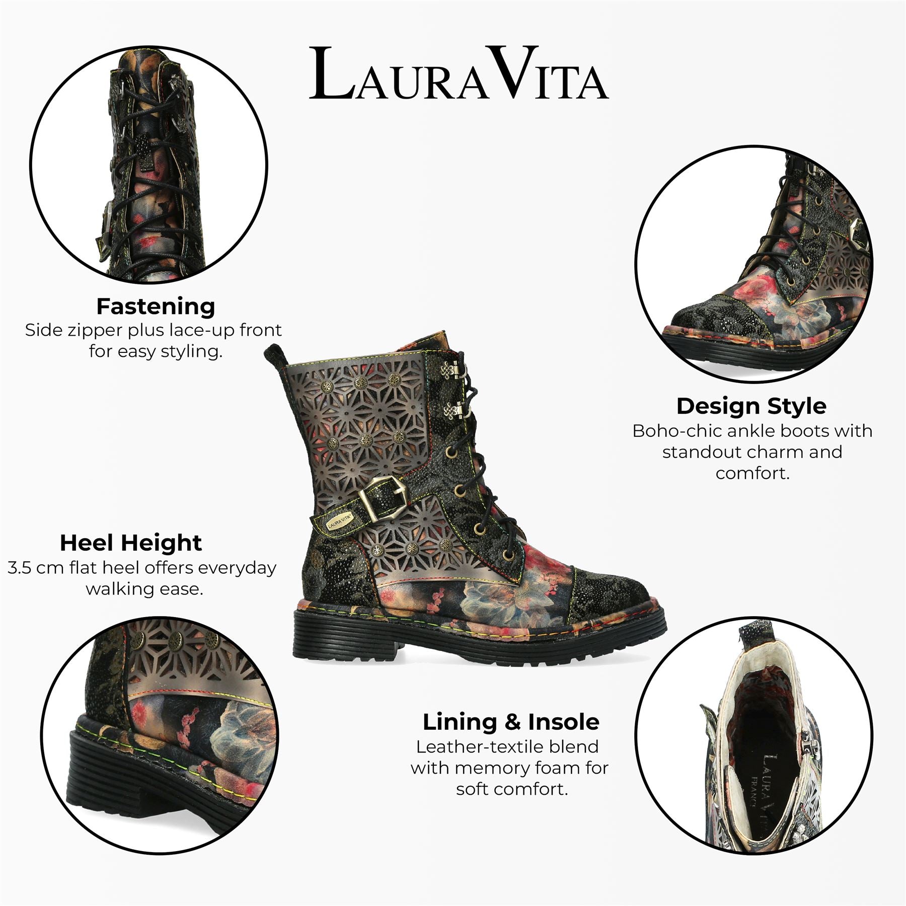 Laura Vita Incaso 36 Black Floral Womens Gothic Victorian Leather Ankle High Boots