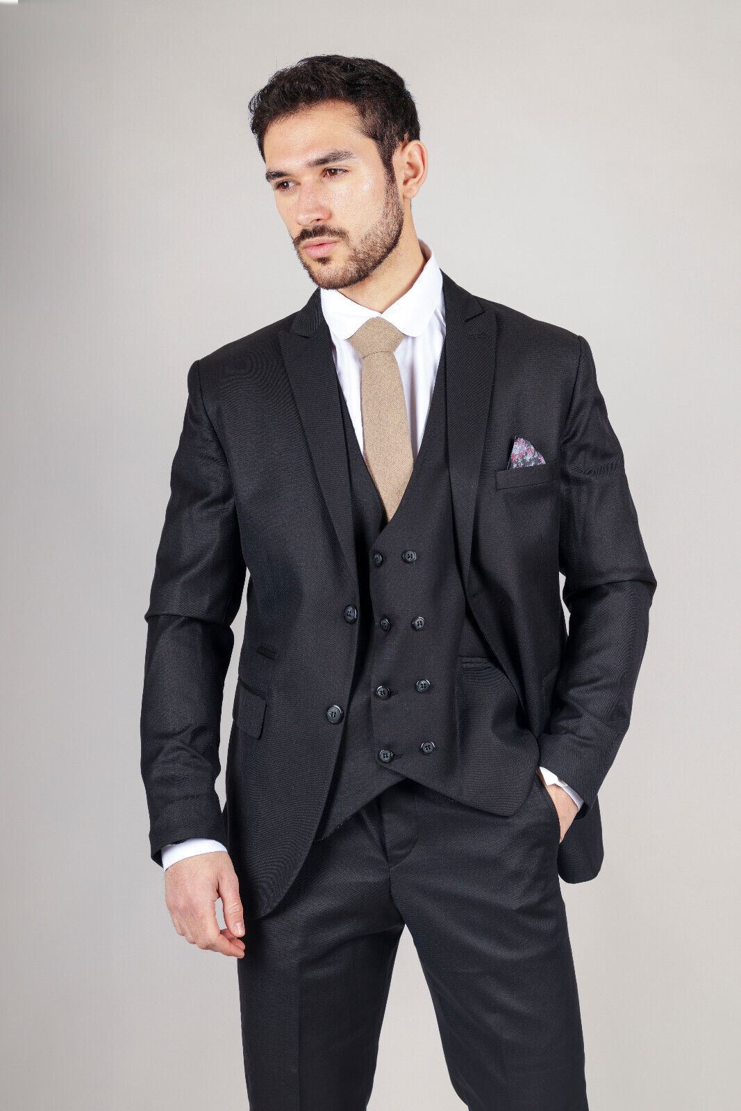 Mens IM1 Double Brusted Plain Black 3 Piece Suit - Upperclass Fashions 