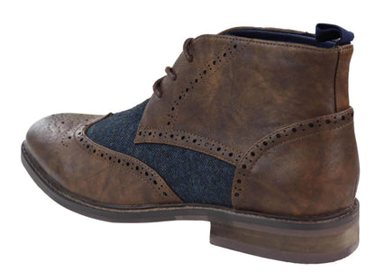 Mens Classic Tweed Oxford Brogue Ankle Boots in Brown Leather - Upperclass Fashions 