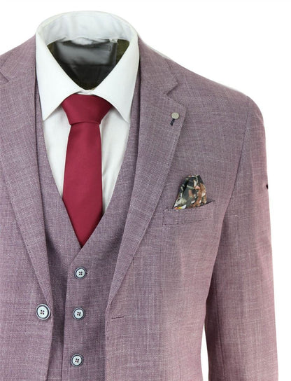 Mens 3 Piece Blush Pink Linen Summer Spring Classic Suit - Upperclass Fashions 