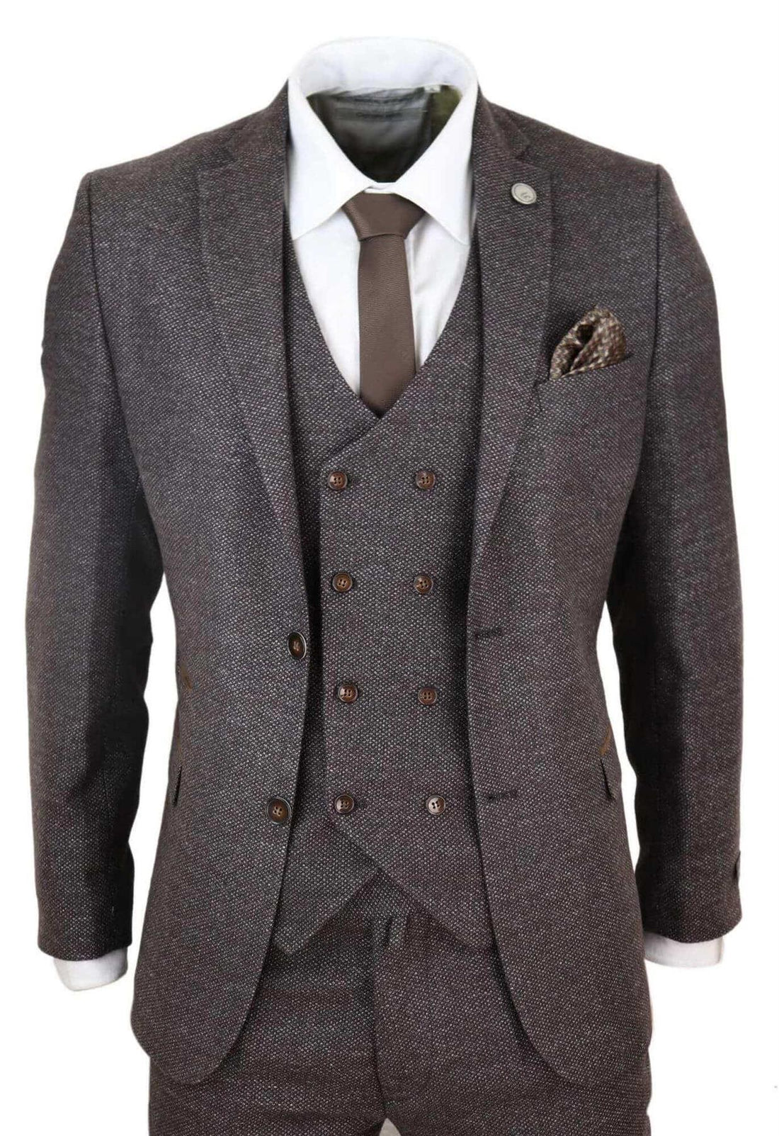 Mens Brown Wool 3 Piece Suit Double Breasted Tweed Peaky Blinders 1920