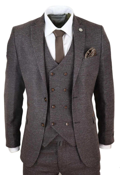 Mens Brown Wool 3 Piece Suit Double Breasted Tweed Peaky Blinders 1920 - Upperclass Fashions 