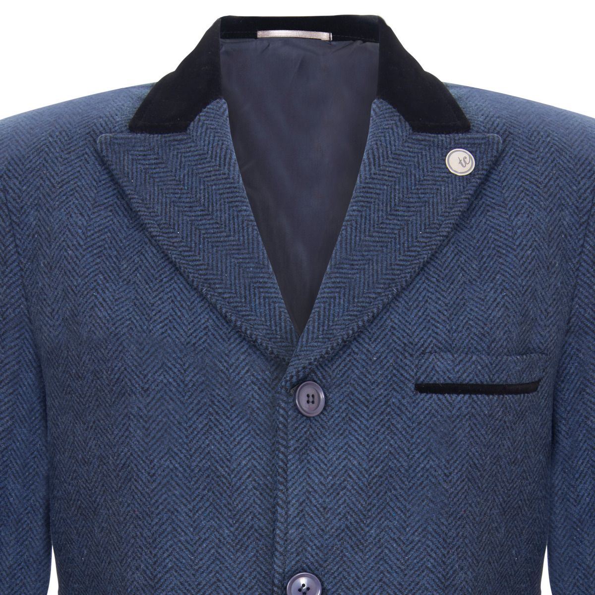 Mens 3/4 Long Navy Crombie Overcoat Jacket Herringbone Tweed Coat Peaky Blinder - Upperclass Fashions 