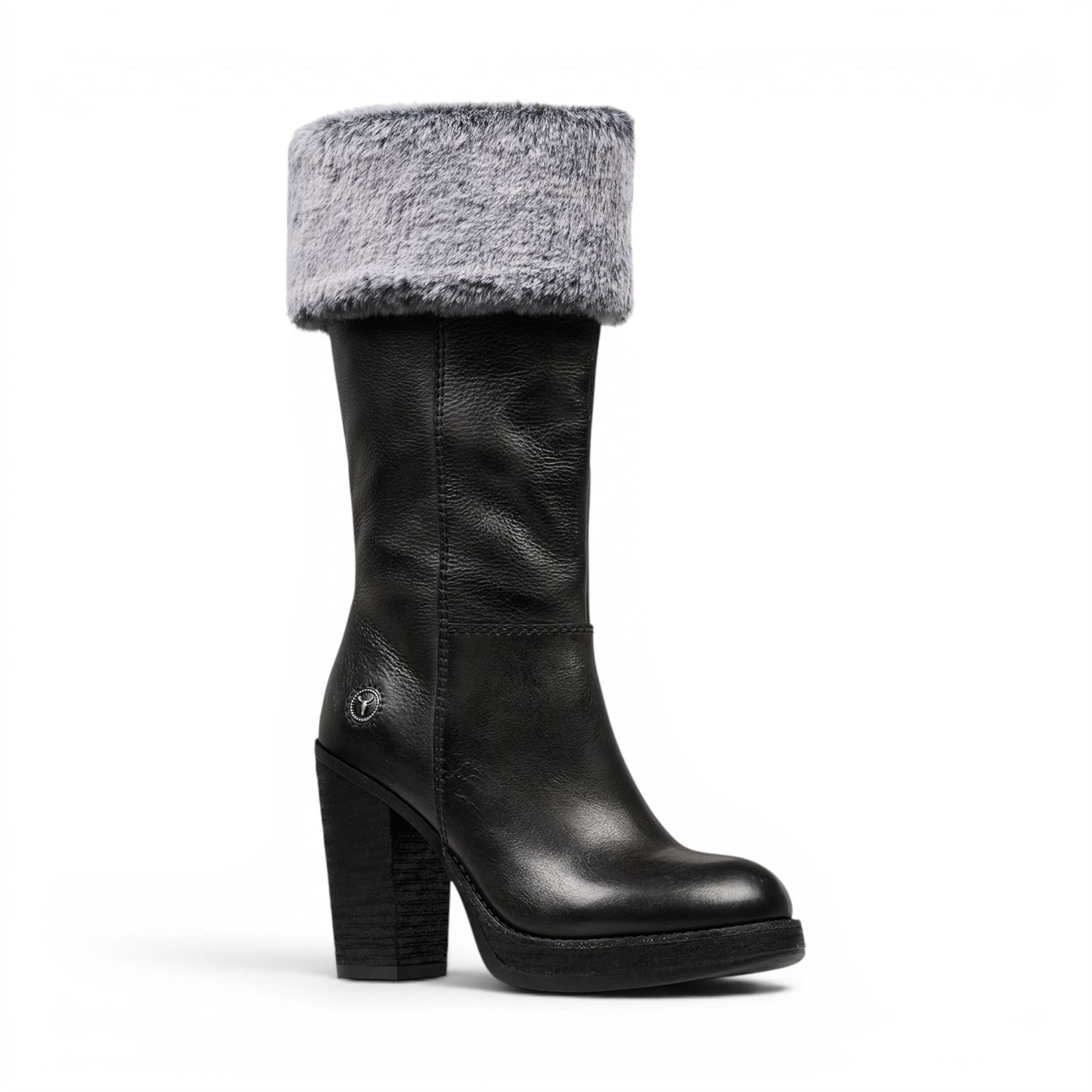 Windsorsmith Womens Mid Calf Black Leather High Heel Fur Boots - Lovestruck