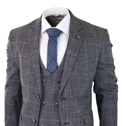 Mens 3 Piece Grey With Blue Check Tweed Vintage Classic Suit - Upperclass Fashions 