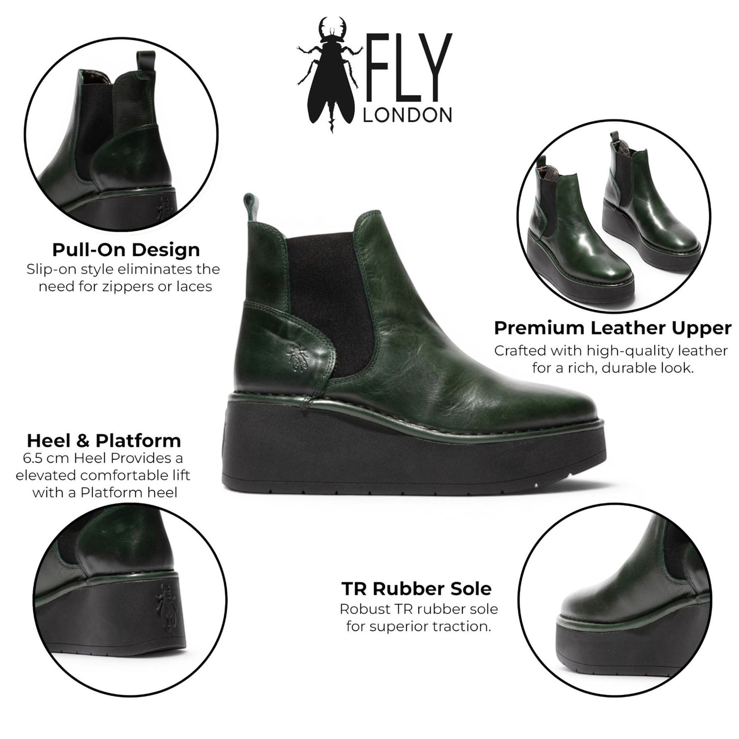 Fly London Womens Green Leather Chelsea Ankle Platform Boots - HELY268