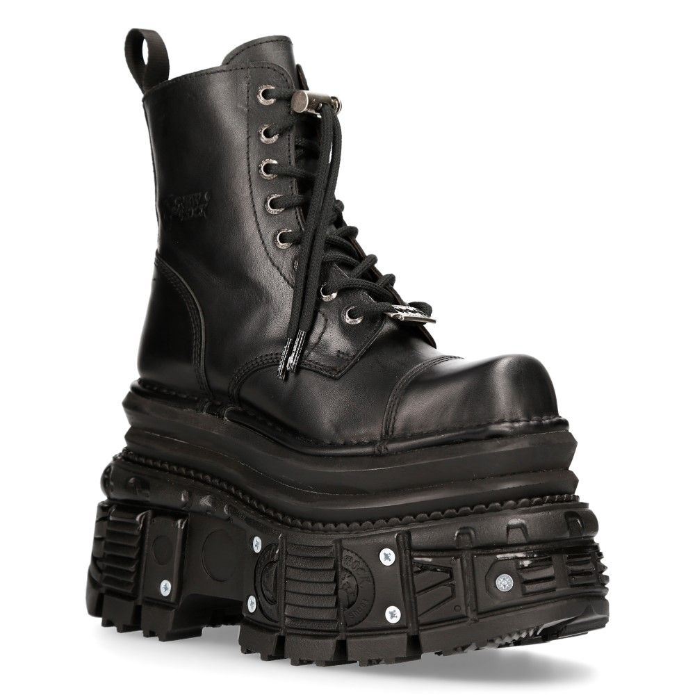 New Rock Metallic Black Leather Military Boots- MILI083CCT-C4