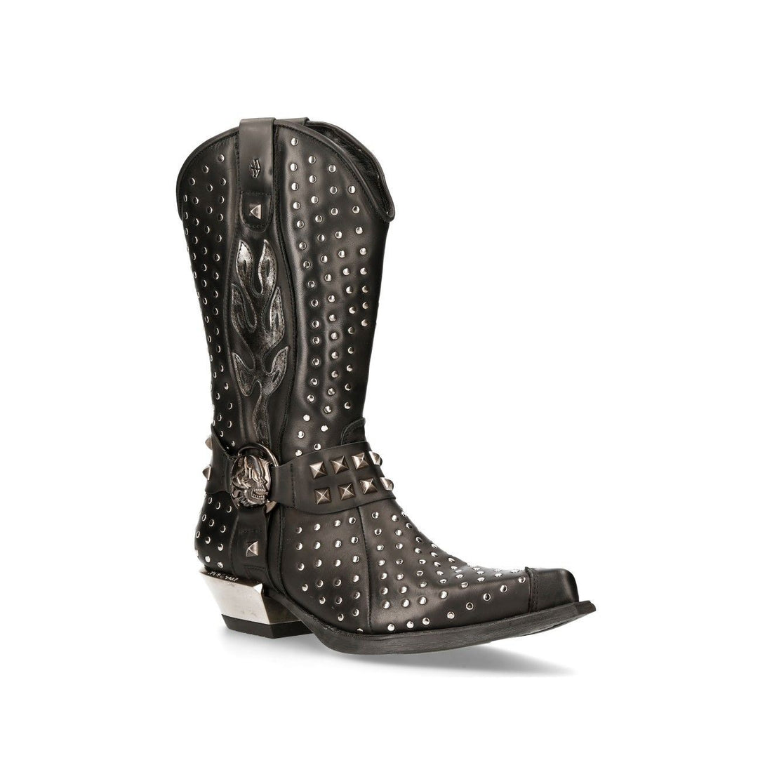 New Rock Black Leather Studded Cowboy Boots- M-7928-S1