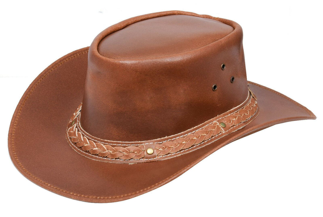 Australian Tan Western Style Cowboy Outback Real Leather Aussie Bush Hat