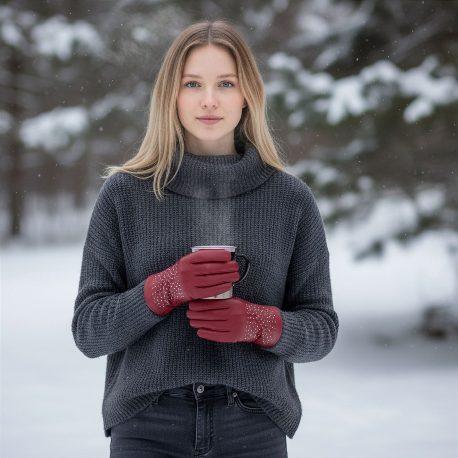 Womens Italian Leather Winter Studded Design Soft Wool Lining Gloves - L-GLV-601