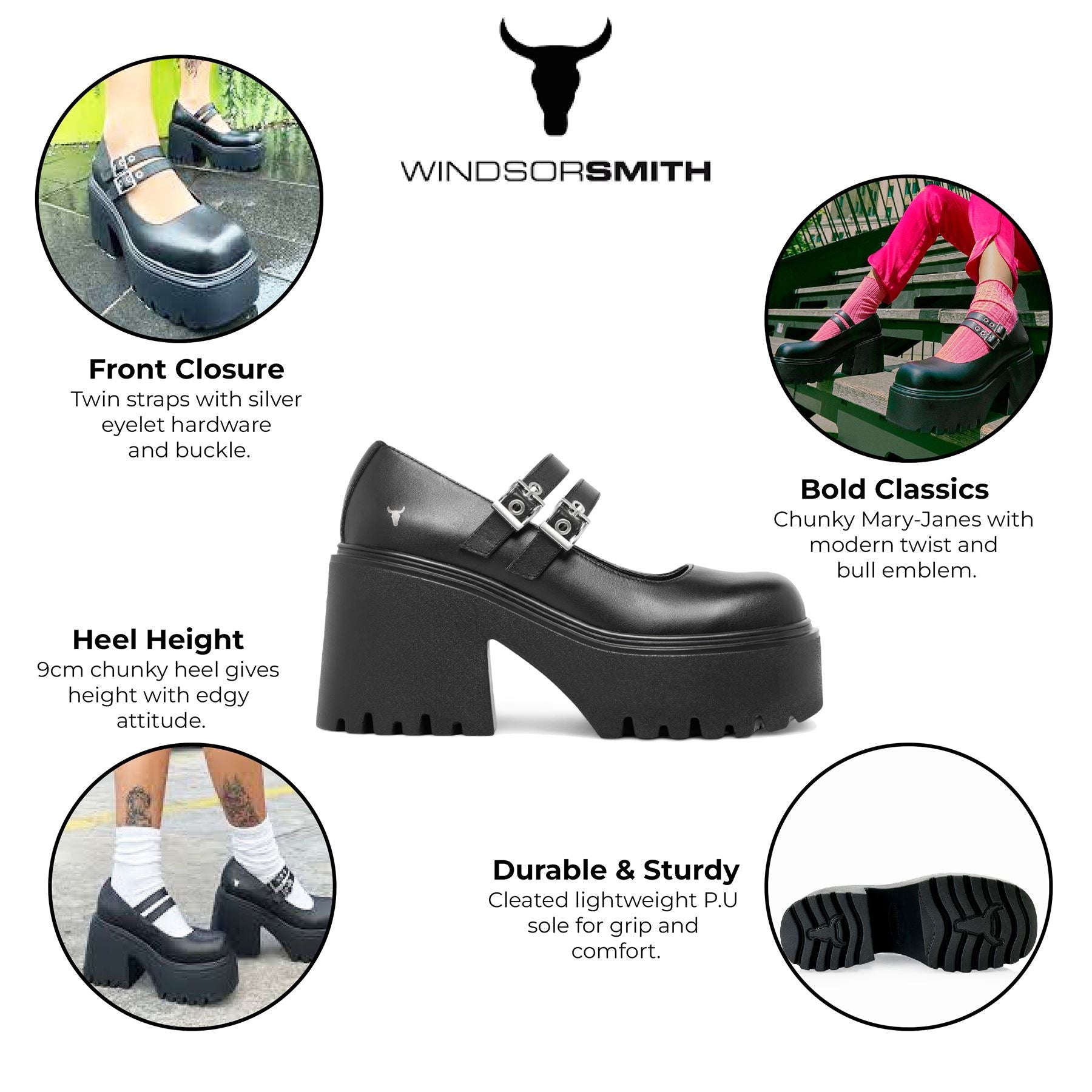 Windsorsmith Womens Black Leather Chunky Platform Mary-Jane Heel Shoes - Lessons