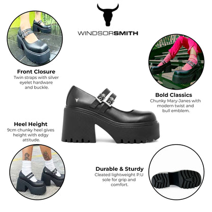 Windsorsmith Womens Black Leather Chunky Platform Mary-Jane Heel Shoes - Lessons