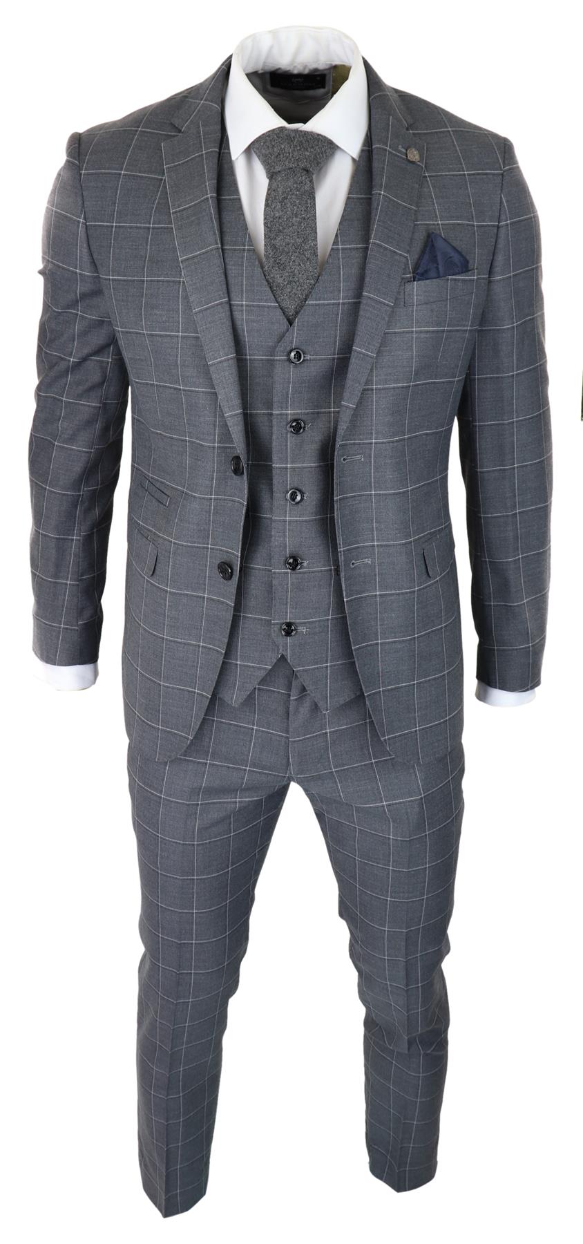 Mens Grey Suit 3 Piece Check Vintage Retro Smart Wedding Classic Tailored Fit