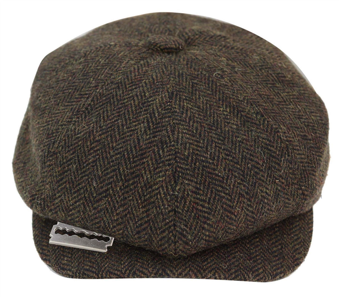 Mens Peaky Blinders Tweed Gatsby Flat Baker Hat With Razor Blade