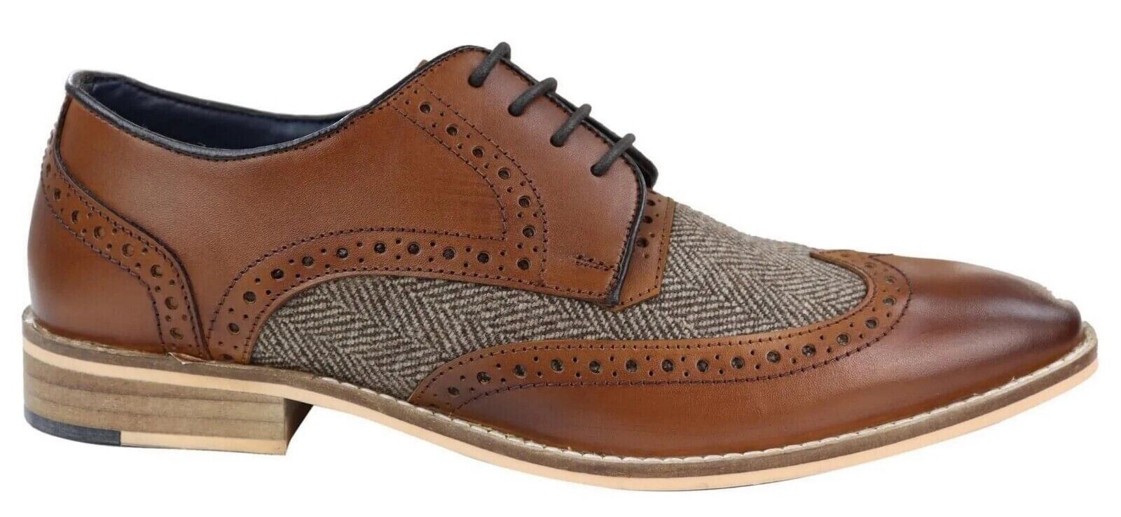Mens Classic Oxford Tweed Brogue Derby Shoes in Tan Leather - Upperclass Fashions 