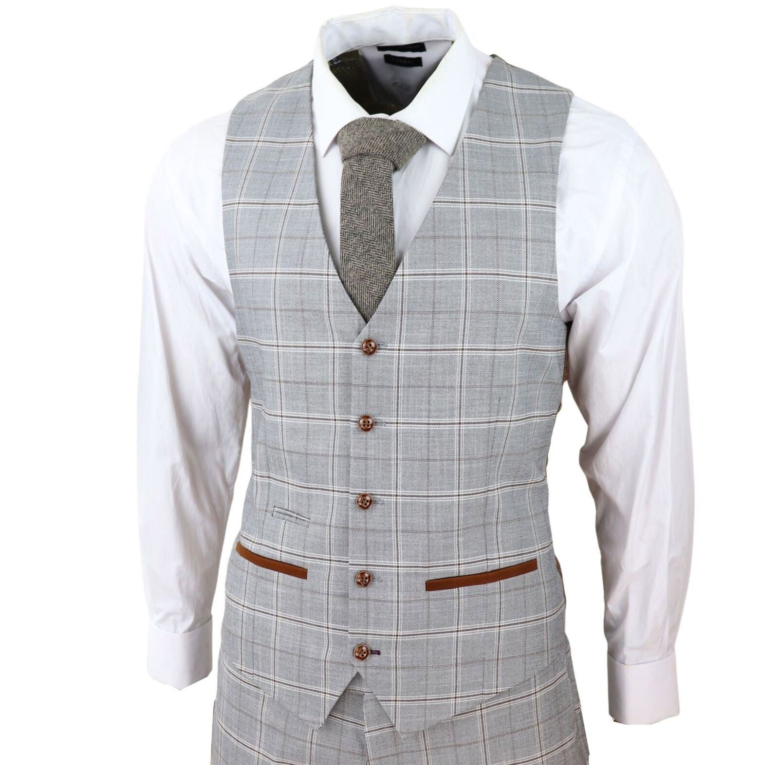 Mens Light Grey 3 Piece Velvet Trims Tailored Fit Suit - Upperclass Fashions 