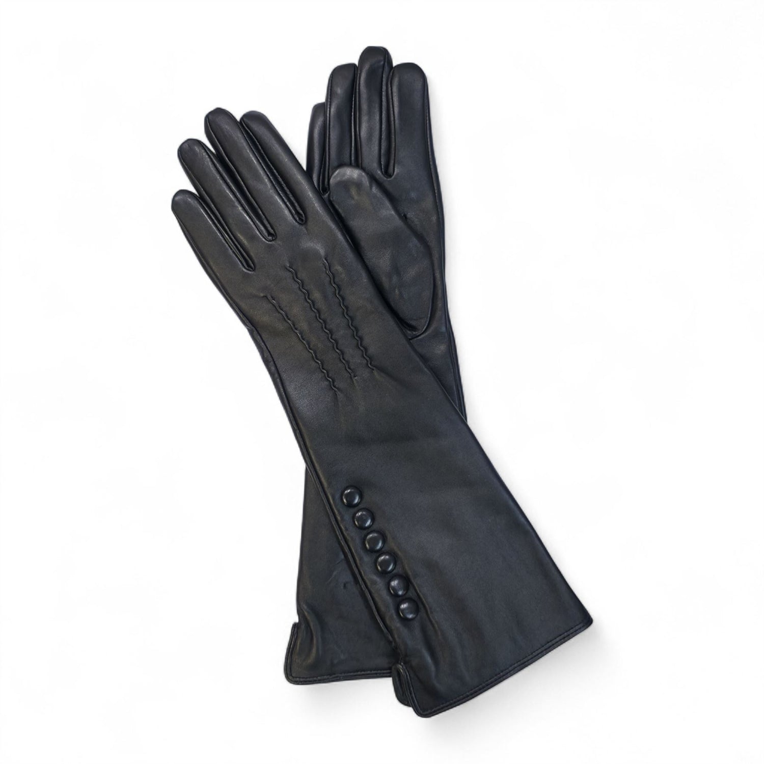 Womens Long Italian Leather Winter Button Design Soft Wool Lining Gloves - L-GLV-201