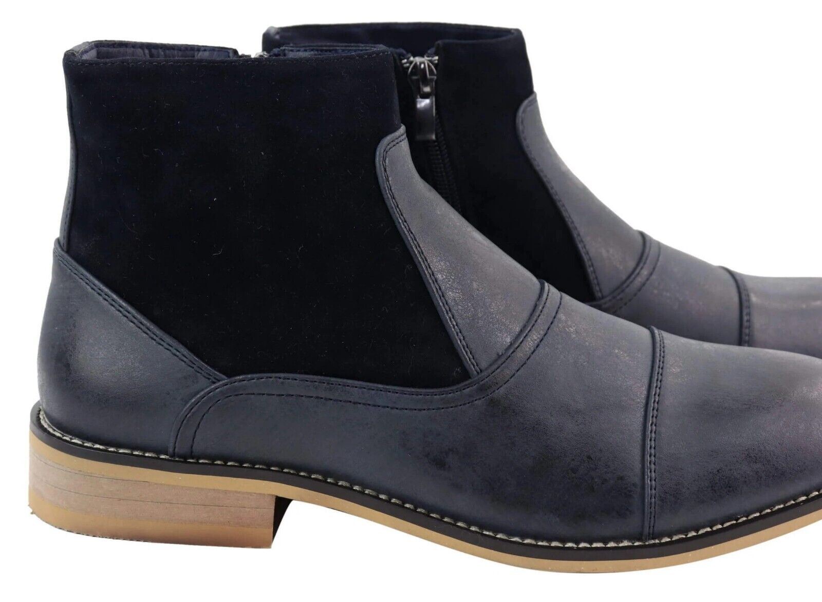 Mens Navy Leather Suede Zip Up Chelsea Boots - Upperclass Fashions 