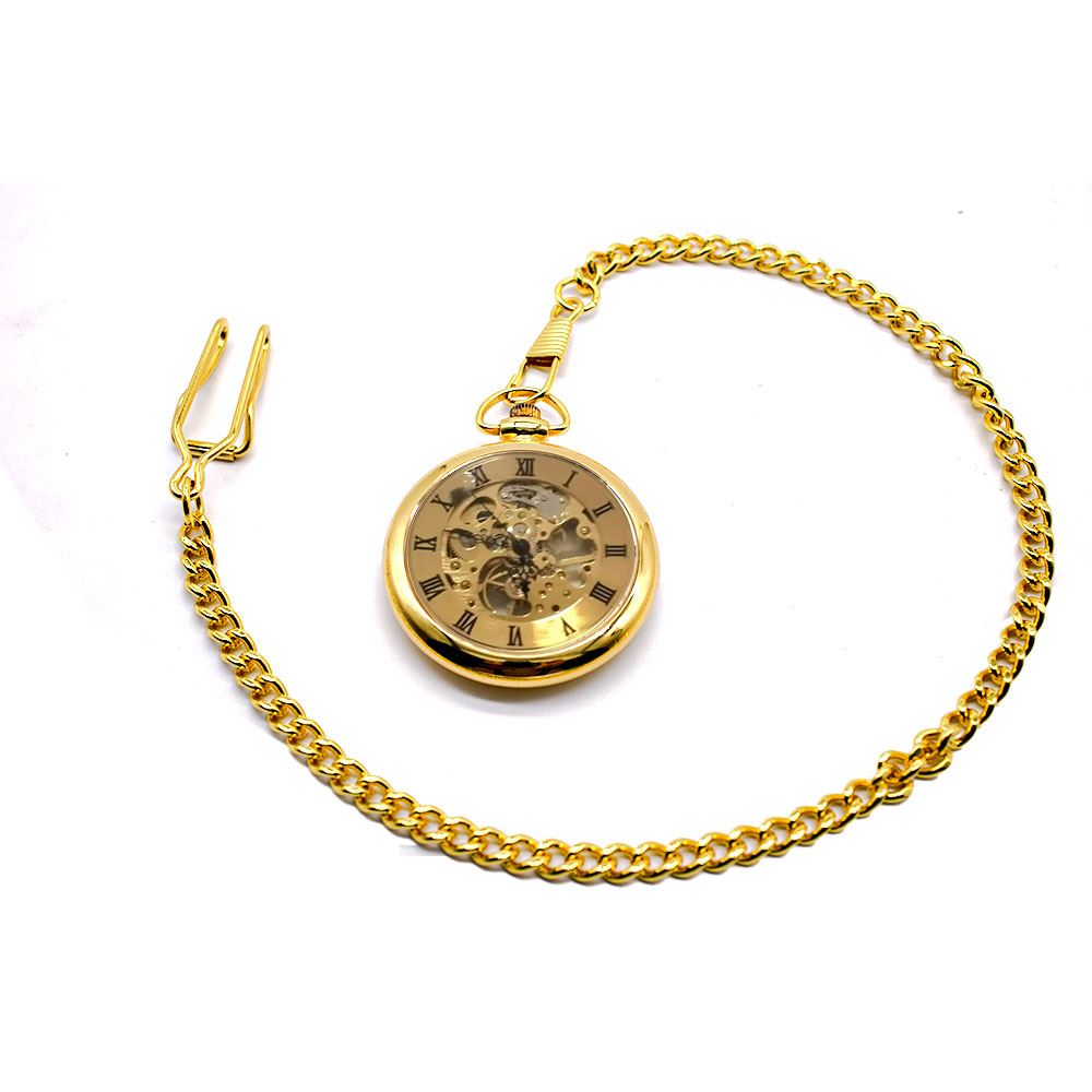 Mechanical Golden Skeleton Open-Face Chain Pocket Watch
