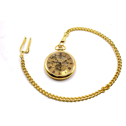 Mechanical Golden Skeleton Open-Face Chain Pocket Watch