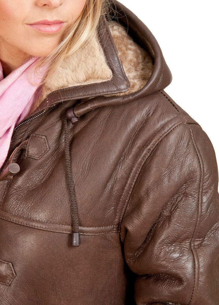 Womens Brown Shearling Hooded Duffle Coat-Rugby